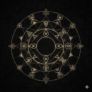 Könnte beinhalten: Ein goldfarbenes, kompliziertes geometrisches Design auf schwarzem Hintergrund. Das Design zeigt konzentrische Kreise mit verschiedenen Symbolen, Dreiecken und Formen. Die Gesamtästhetik ist mystisch und detailliert, mit texturierter Optik.