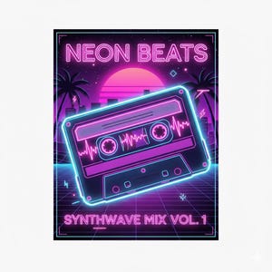 Puede incluir: Un póster de estilo retro con un diseño de cinta de cassette de neón. Las palabras "NEON BEATS" y "SYNTHWAVE MIX VOL. 1" se muestran en letras de neón. El fondo presenta una puesta de sol, palmeras y una cuadrícula.