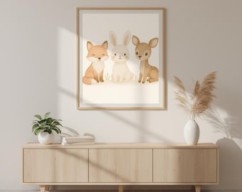 Fox, Hare, Deer Children's Room Poster – Boho Woodland Animals – Watercolor Illustration