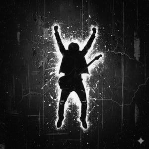 Könnte beinhalten: Schwarz-weiße Grafik einer Person mit Gitarre, die die Arme jubelnd hebt. Die schwarze Silhouette wird durch einen weißen Schein und weiße Farbspritzer vor einem strukturierten schwarzen Hintergrund hervorgehoben, passend zum Thema Rockmusik.