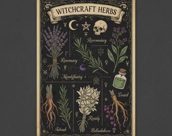 Op de afbeelding: Een vintage poster getiteld "Witchcraft Herbs" op een zwarte achtergrond. Het bevat illustraties van verschillende kruiden zoals rozemarijn, lavendel en wortels, samen met een schedel, maan en sterren. De poster heeft een perkamentachtige rand.