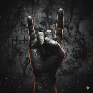 Könnte beinhalten: Eine schwarze Hand, die das Rock-and-Roll-Handzeichen zeigt, vor einem dunklen, strukturierten Hintergrund. Die Hand weist eine detaillierte Hautstruktur auf und wird von Funken beleuchtet. Der Hintergrund hat ein Graffiti-ähnliches Design.