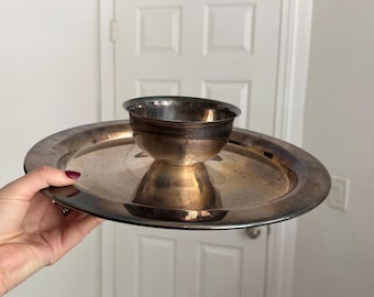 Vintage Wm A Rogers Oneida Silverplate Chip & Dip Tray Attached Bowl Round Appetizer Serving Platter MCM Barware