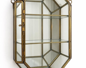 Vintage Brass Glass Curio Cabinet Wall Display Mirrored Geometric Shelf