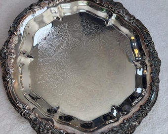 Vintage F.B. Rogers Silver Plate Serving Tray #6734 Ornate Floral Round Platter 1950s Victorian Style