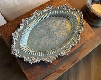Vintage Silver Plate Vanity Tray Ornate Floral Engraved Oval Serving Tray Rococo Hollywood Regency Decor