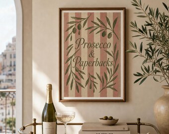 Prosecco & Paperbacks Print, Book Lover Wall Art, Kitchen Bar Cart Poster