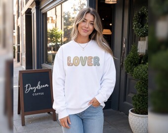 LOVER Faux Embroidery Sweatshirt, Coquette Patchwork Crewneck, Romantic Gift for Her