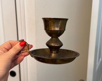 Vintage Brass Tone Chamberstick Candle Holder with Handle, Taper Candlestick, Patina Metal Candle Holder, Old World Cottage Decor