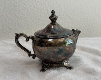 Vintage Ornate Silverplate Lidded Creamer Pitcher | Footed Patina Tea Serving Vessel | Victorian Style Silver Tableware Decor