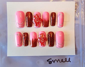 Hand painted, square Valentine nail tips.