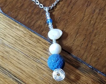 Simple, Dusty Blue Lava Stone with Freshwater Pearl Accents Pendant Necklace, Aromatherapy and Essential Oil, Scented Jewelry