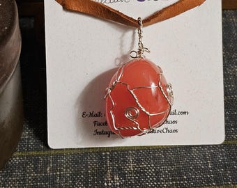 Silver Wire Wrapped Cherry Quartz Necklace on Leather Cord