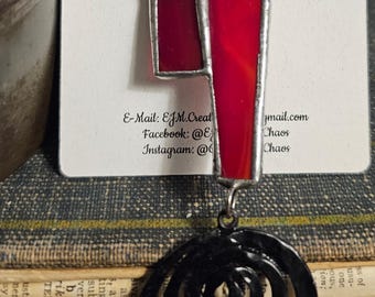 Red and Black Art Deco Upcycled Stained Glass Necklace ONLY - Swirl Metal Accent, Silver Soldered, Black Leather Cord