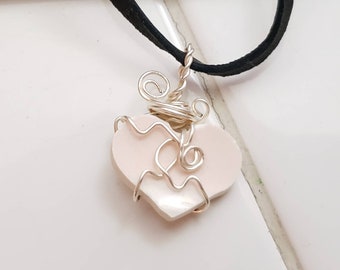 Broken China Pendant, Delicate Filligree Plate, Statement Piece, Wire Wrapped, Leather Cord Necklace, Gold Filligree, Pink and White, Heart