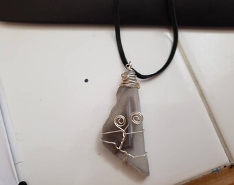 Simple, Silver Wire Wrapped, Agate Slab, Soft Black Leather Necklace, Opaque Grey Stone, Gemstone Pendant, Agate Pendant, Black Cord
