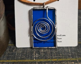 Whimsical Azure Blue Stained Glass Necklace with Spiral Wire Wrapping
