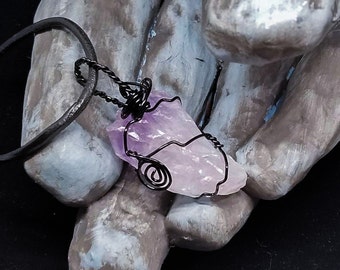 Black Wire Wrapped Raw Pre-Amethyst Quartz Gemstone on Black Cord Leather Necklace