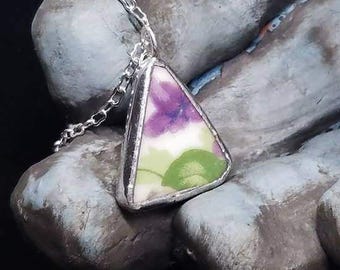 Triangle Cut Purple Flower Garden -  Broken China Plate with Silver Solder on Simple Silver Chain Necklace - Broken Plate Jewelry