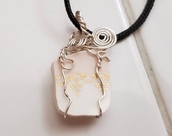 Broken China Pendant, Delicate Filligree Plate, Statement Piece, Wire Wrapped Pendant, Leather Cord Necklace, Gold Filligree, Pink and White