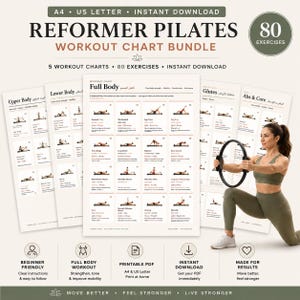May include: A Reformer Pilates workout chart bundle featuring 80 exercises across five printable PDF sheets. The charts include Upper Body, Lower Body, Full Body, Glutes, and Abs & Core routines with clear instructions for each movement.
