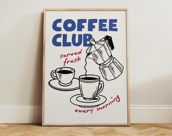 Affiche moderne et rétro pour club de café, décoration murale vintage pour la cuisine, décoration murale pour le petit-déjeuner, cafetière italienne pour club de café, affiche décorative pour café, œuvre d'art pour bar à café