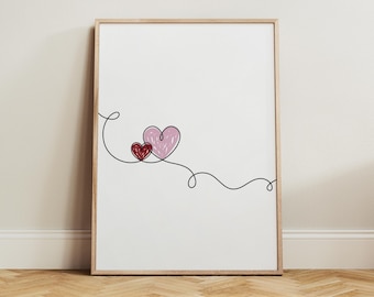 Minimalist Heart Line Art Print Romantic Wall Decor, Modern Love Poster, Cute Couple Gift, Bedroom Art, Simple Scandinavian Style Artwork