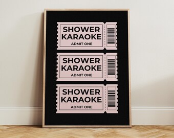 Shower Karaoke Ticket Print, Pink Bathroom Retro Aesthetic Shower Singing Funny Wall Art, Vintage Trendy Home Decor, Preppy Physical Print