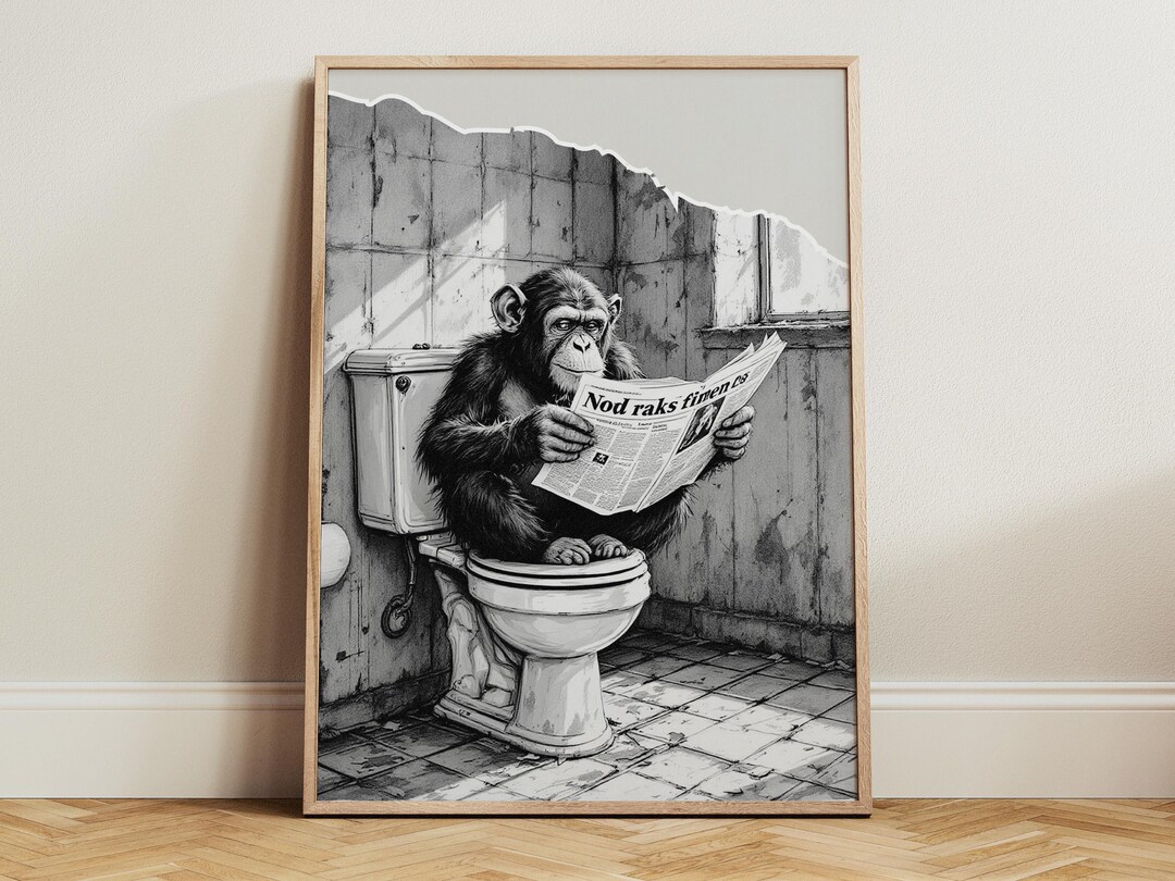 Funny Chimpanzee Bathroom Wall Art Poster, Cute Monkey Toilet Decor ...