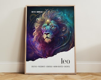 Leo Zodiac Wall Art Print, Bold Fire Sign Boho Poster, Celestial Art Rich Deep Tones, Leo Lion Astrology Gift, Leo Star Sign Bedroom Decor