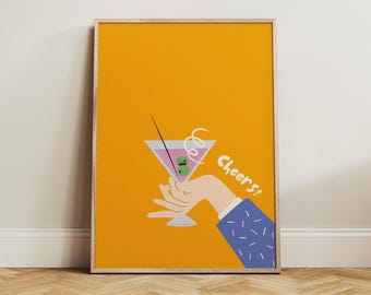 Orange Cocktail Art Print, Cheers Poster, Fun Retro Bar Wall Decor, Pink Drink Illustration Modern Bar Cart Art, Colorful Kitchen Room Decor