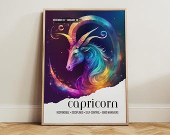 Colorful Capricorn Zodiac Wall Art Print Boho Astrology Decor, Capricorn Poster, Celestial Birthday Gift, Horoscope Artwork, Star Sign Decor
