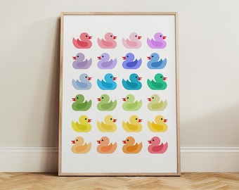 Rubber Duck Bathroom Wall Art Print, Rainbow Art Colorful Poster, Trendy Bathroom Wall Decor, Bathroom Duck Print, Cute Kids Bathroom Art