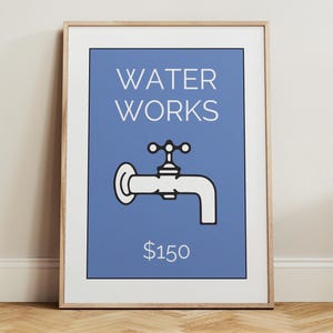 May include: Framed art print with a blue background featuring the words "WATER WORKS" above a white faucet illustration. The print is in a light wood frame and is displayed on a wooden floor.