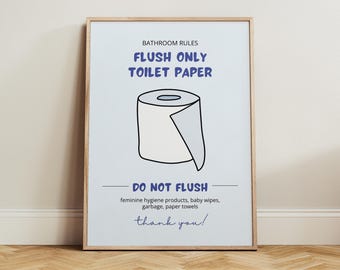 Cute Flush Only Toilet Paper Bathroom Sign, WC Sign, Sensitive Plumbing Poster, Do Not Flush Sanitary Items Print, Septic System Protection