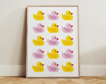 Cute Yellow & Pink Rubber Duck Wall Art, Minimalist Girls Bathroom Print, Nursery Decor, Playful Kids Washroom Print, Trendy Duck Poster