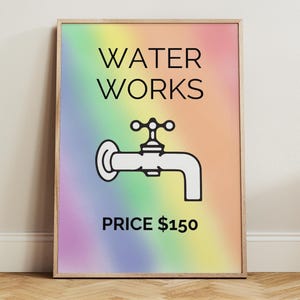 May include: Framed art print with the words "WATER WORKS" above a faucet illustration. The background has a rainbow gradient of colors. The print is in a wooden frame and is displayed on a white wall.