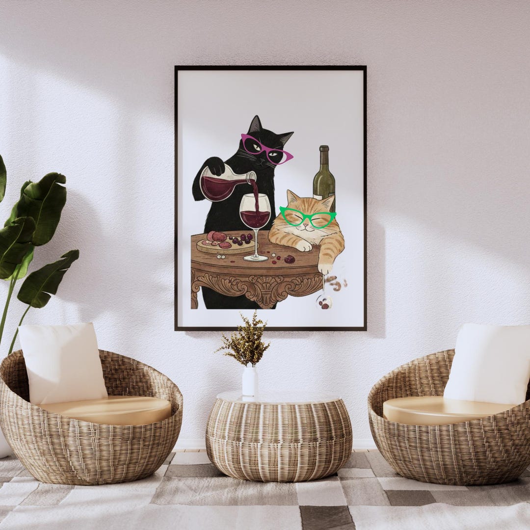 Funny Cat Wine Art Print, Quirky Kitchen Bar Decor (digital Download ...