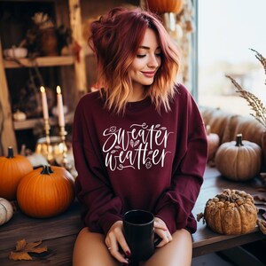 May include: A maroon long-sleeve sweatshirt featuring the white text "sweater weather" in a cursive script, accented with small leaf illustrations. The garment has a crew neckline and a relaxed fit, made of a solid-colored fabric.
