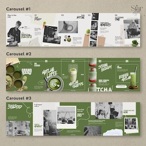 May include: A multi-panel advertisement for Star Coffee, featuring matcha-based drinks. The panels showcase a barista, preparation steps, and various matcha beverages like lattes, frappes, and boba matcha. The color scheme is green and white.