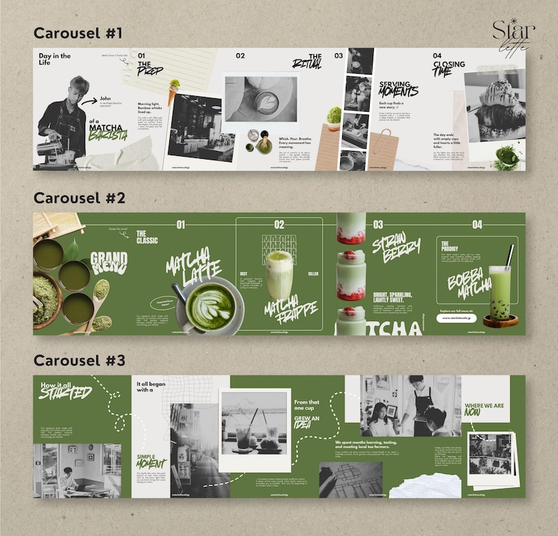 May include: A multi-panel advertisement for Star Coffee, featuring matcha-based drinks. The panels showcase a barista, preparation steps, and various matcha beverages like lattes, frappes, and boba matcha. The color scheme is green and white.