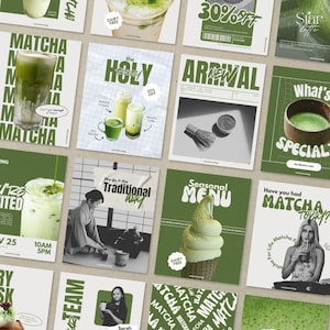 May include: A series of green and white posters advertising matcha products. The posters display text like "Matcha," "Seasonal Menu," and "What's Special?" alongside images of matcha lattes and ice cream cones.