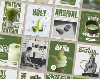 May include: A collection of green and white promotional posters featuring matcha drinks and related items. The posters include text such as "Matcha," "Seasonal Menu," and "What's Special?" with images of matcha lattes and ice cream.