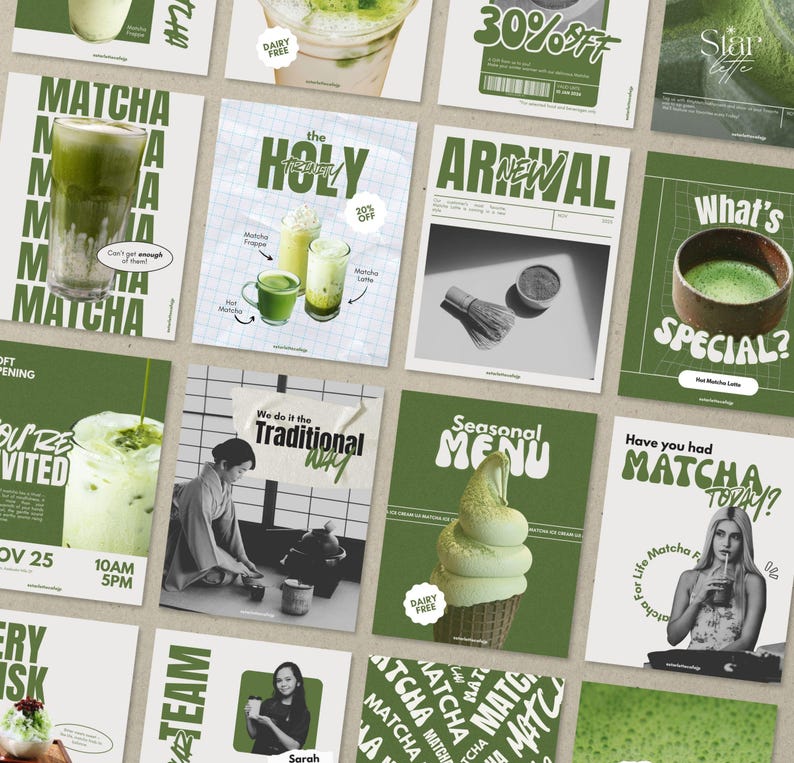 May include: A collection of green and white promotional posters featuring matcha drinks and related items. The posters include text such as "Matcha," "Seasonal Menu," and "What's Special?" with images of matcha lattes and ice cream.