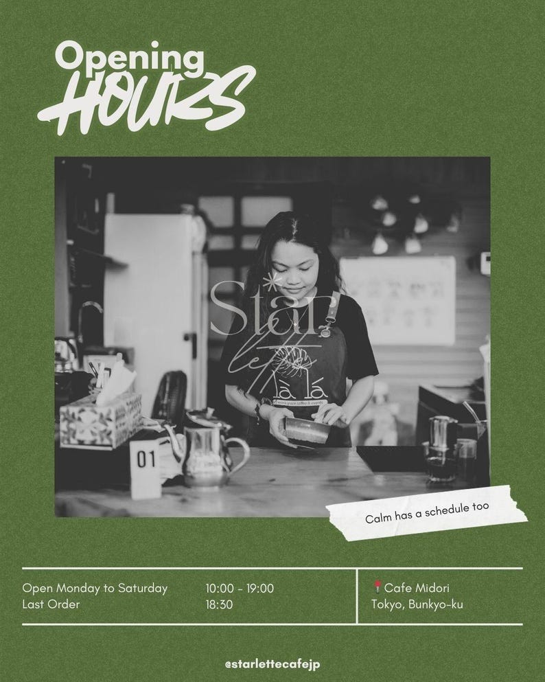 May include: A black and white image of a cafe's opening hours, with the text "Opening HOURS" in a handwritten font. The image includes the cafe's name, location, and operating hours. A person is working behind the counter.