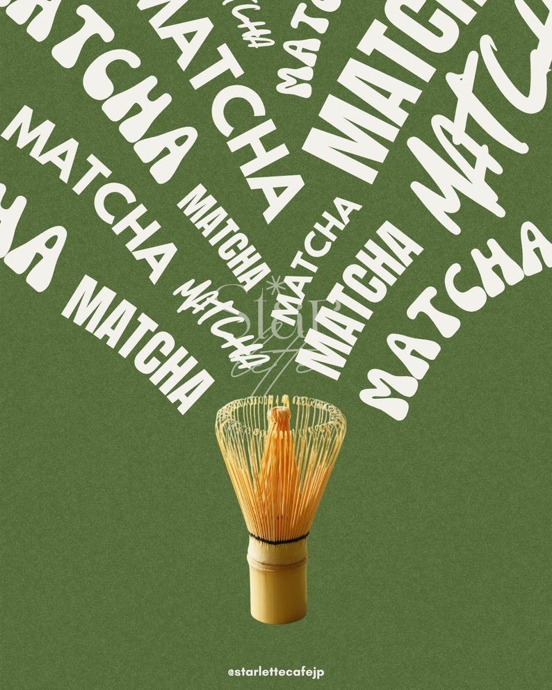 May include: A matcha whisk, or chasen, with a bamboo handle and bristles, sits against a green background. The word "MATCHA" is repeated in a white, stylized font, creating a dynamic visual effect. The image has a minimalist aesthetic.