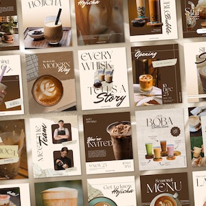 May include: A collage of promotional materials for a cafe, featuring various coffee and tea drinks. The images include latte art, bubble tea, and menu items. Text includes "Hojicha", "Boba Collection", and "Opening".
