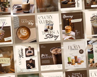 May include: A collage of promotional materials for a cafe, featuring various coffee and tea drinks. The images include latte art, bubble tea, and menu items. Text includes "Hojicha", "Boba Collection", and "Opening".