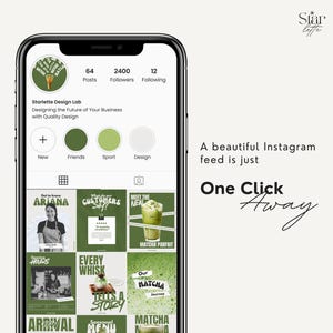 May include: A smartphone screen displays an Instagram profile with a grid of green-themed posts. The profile, "Starlette Design Lab," promotes quality design. Text on the screen reads "One Click Away" for a beautiful Instagram feed.