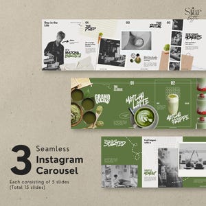 May include: A seamless Instagram carousel design with 15 slides. The design features a matcha theme, with images of matcha lattes, matcha frappes, and a matcha barista. The color palette includes green, white, and black.